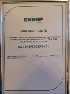 Тольяттинский филиал АО «ЭНЕРГОСЕРВИС» получил благодарность